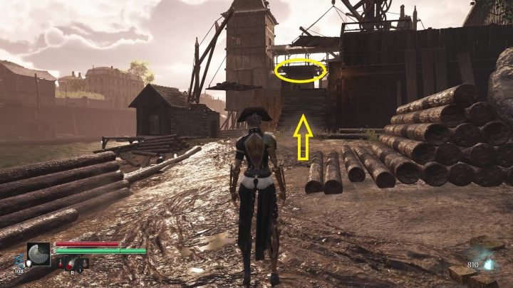 Go up the stairs, unlock the gate that is there (another shortcut), and then jump onto the platform marked above - Steelrising: The Master of the Machines - walkthrough - Main missions - Steelrising Guide, Walkthrough