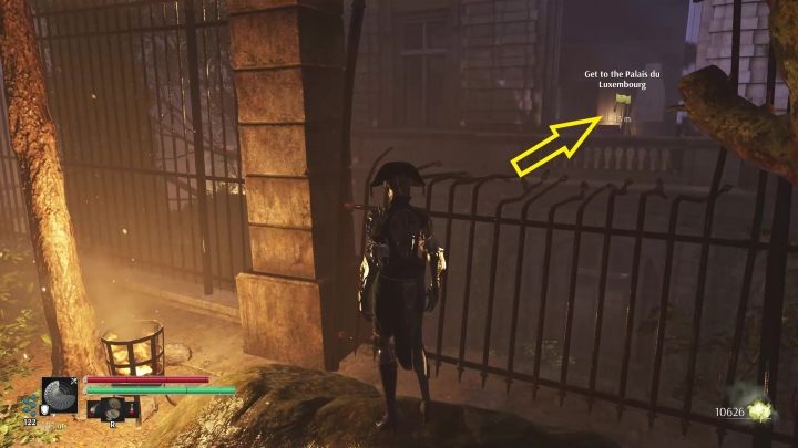 After passing through the gate, look at the metal fence in front of you - Steelrising: The Shadows of Luxembourg - walkthrough - Main missions - Steelrising Guide, Walkthrough