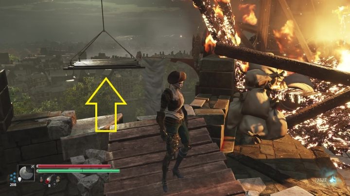 The next step requires you to use The Selenite Momentum, namely you need to jump to the hanging platform found next to the burning barricade - Steelrising: The Prisoner in the Bastille - walkthrough - Main missions - Steelrising Guide, Walkthrough