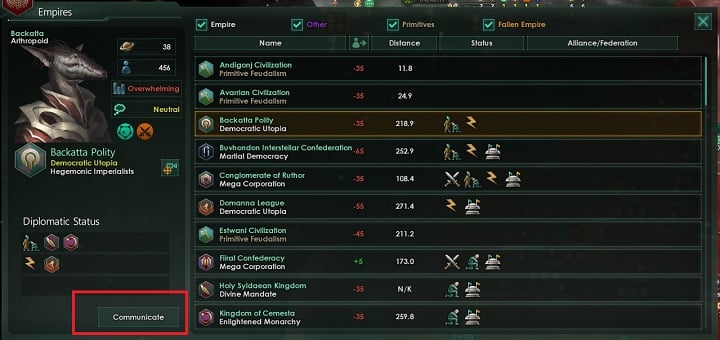 The Diplomacy widow is accessible via Communication tab - General information about diplomacy in Stellaris - Diplomacy - Stellaris Guide