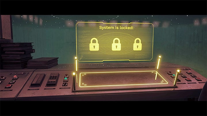 This way, you'll learn that the system is locked and that you will have to unlock it by hacking - Stray: The locked access to the system puzzle - Control Room - Puzzles - Stray Guide, Walkthrough