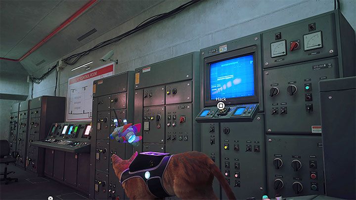 Doing this will allow B-12 to hack in, but first you need to give it the correct command while facing the blue screen - Stray: The locked access to the system puzzle - Control Room - Puzzles - Stray Guide, Walkthrough