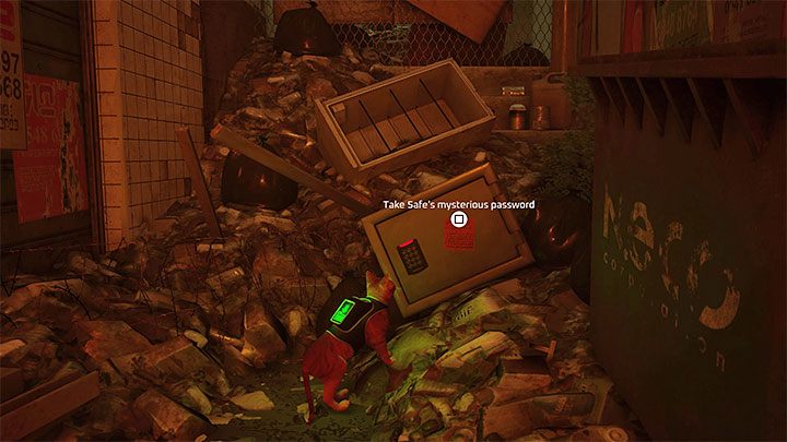 The safe is in the alley near the place where Morusque - a local musician who plays the guitar - is staying - Stray: The puzzle with the safe and the note with the binary code - The Slums - Puzzles - Stray Guide, Walkthrough