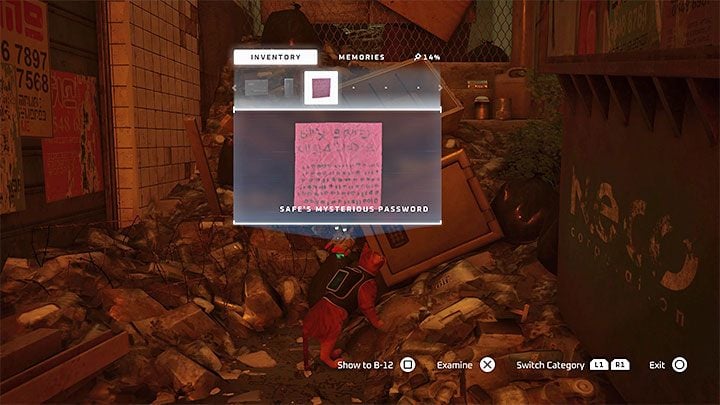 A note with a Safe Mysterious Password is attached to the safe - Stray: The puzzle with the safe and the note with the binary code - The Slums - Puzzles - Stray Guide, Walkthrough