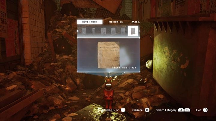 The safe contains Sheet Music 8/8 - Stray: The puzzle with the safe and the note with the binary code - The Slums - Puzzles - Stray Guide, Walkthrough