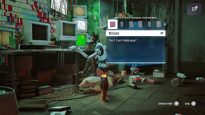 Elliot is in the room on the first floor - Stray: The puzzle with the safe and the note with the binary code - The Slums - Puzzles - Stray Guide, Walkthrough