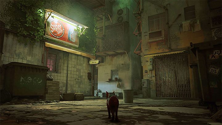 Start in front of the garage with the Guardian, turn around and head towards the far right alley pictured in the screenshot above - Stray: The Slums Map - is it available in the game? - FAQ - Stray Guide, Walkthrough