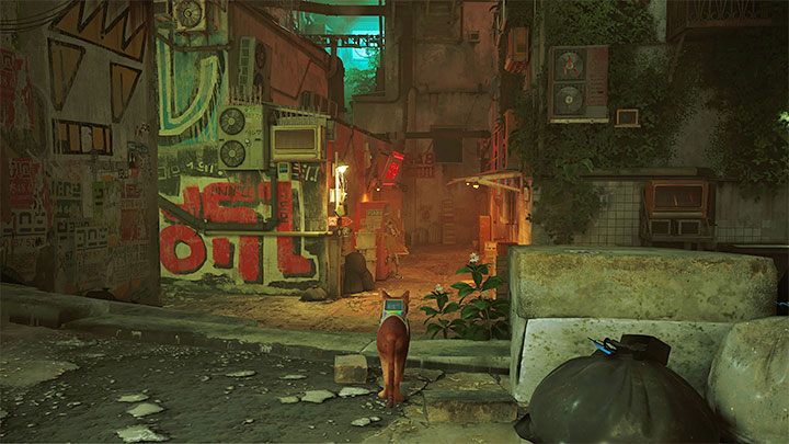 Start in front of the garage with the Guardian, turn around and go straight towards the alley pictured in the screenshot above - Stray: The Slums Map - is it available in the game? - FAQ - Stray Guide, Walkthrough