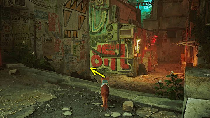 Start in front of the garage with the Guardian, turn around and take the small alley to the left from the screenshot above - Stray: The Slums Map - is it available in the game? - FAQ - Stray Guide, Walkthrough