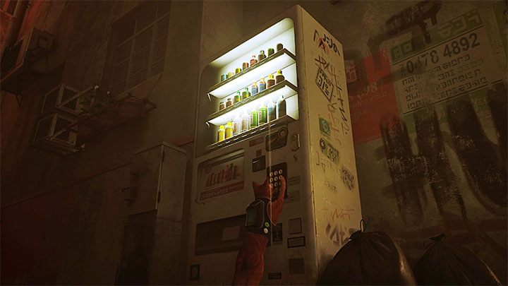The first vending machine can be found in one of the side alleys - take a walk along the streets leading from the main part of this location - Stray: Energy drink locations - where to find? - FAQ - Stray Guide, Walkthrough