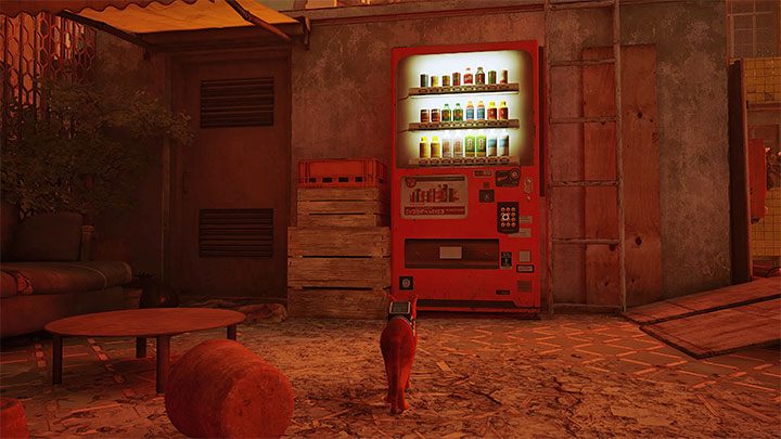 The third vending machine can be found on the roof of one of the buildings in the middle of the slums - Stray: Energy drink locations - where to find? - FAQ - Stray Guide, Walkthrough