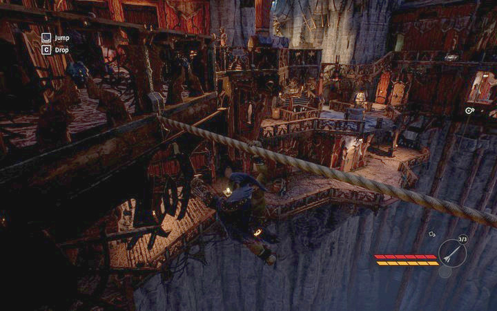 Walk along the rope onto the balcony, then jump through them to the right - Get to the balcony in the quarter | Mission 2 - Korrangar - Mission 2 - Korrangar - Styx: Shards of Darkness Game Guide