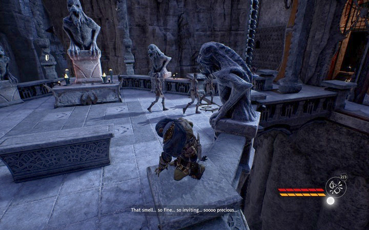 Follow the elves, but watch out for the one standing by the entrance - The amber depot and the getaway | Mission 2 - Korrangar - Mission 2 - Korrangar - Styx: Shards of Darkness Game Guide