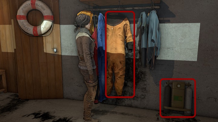 In the storeroom from take the diving suit from the hanger by the door - in order to do that swipe (by moving the mouse in the appropriate directions) the other clothes aside, so that the large suit underneath them becomes available - Assemble and prepare the diving gear | Chapter three | Walkthrough - Chapter three - Syberia 3 Game Guide