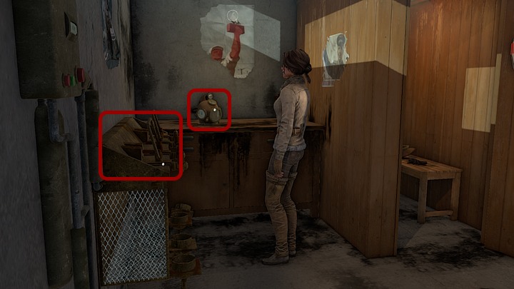 Go further into the shed and take the quite archaic diving helmet - Assemble and prepare the diving gear | Chapter three | Walkthrough - Chapter three - Syberia 3 Game Guide