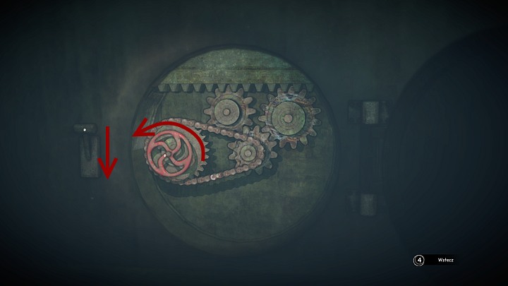 A recess with cogs and a chain will be unveiled - turn (with the correct mouse movement) the valve to the left as far as possible, and then pull the lever (with the correct mouse movement) on the left down - Open the two locks | Chapter three | Walkthrough - Chapter three - Syberia 3 Game Guide
