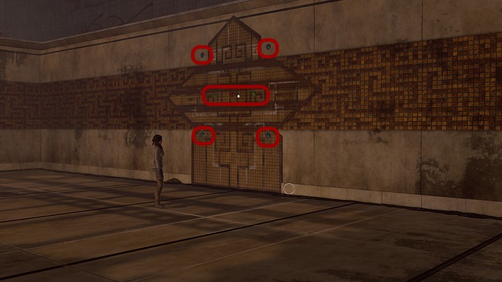 Proceed to the right and notice the interesting mosaic at the end of the pool - pay particular attention to the colors of the stones there (2 blue on top, 2 green in the middle - a red one in-between them - and 2 blue at the bottom) - Open the gates of the temple - Chapter seven - Syberia 3 Game Guide