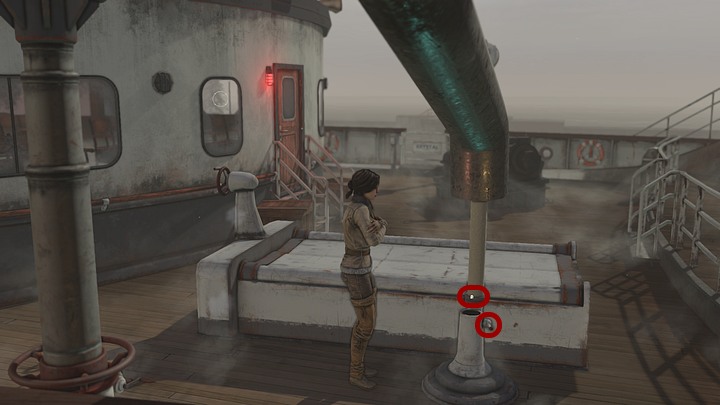 On the right from the exit, near the now closed hold, you can find the end of the green narrow pipe - Fill the water tanks on the Krystal | Chapter three | Walkthrough - Chapter three - Syberia 3 Game Guide