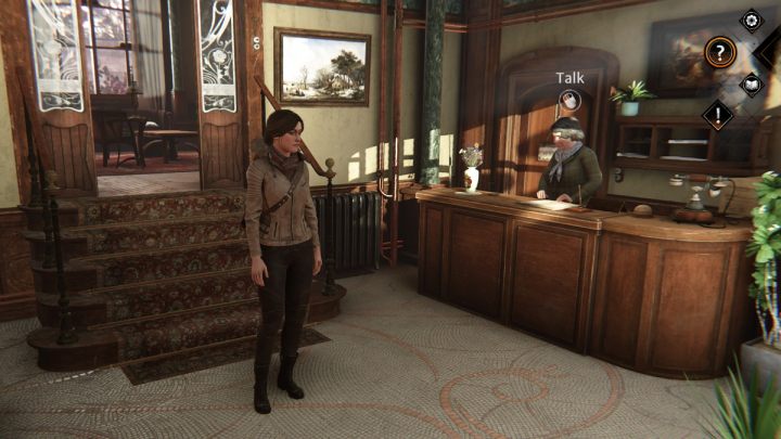 Go downstairs and talk to Frau Wagner standing at the counter - Siberia The World Before: Vaghen - flower district, autumn 2005 part 3 - walkthrough - Walkthrough - Syberia The World Before Guide