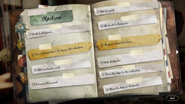 You can find all the main and secondary goals, both ongoing and completed, by clicking on the book icon at the top right of the screen - Syberia The World Before: Secondary objective - Basics - Syberia The World Before - game guide