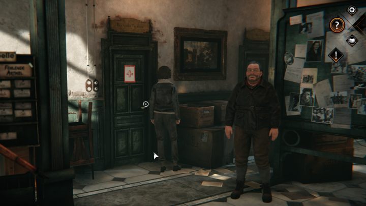 The entrance to the infirmary is on the left, with Leni's father standing at the door - Syberia The World Before: Vaghen - Musician district, spring 1945 - walkthrough - Walkthrough - Syberia The World Before Guide