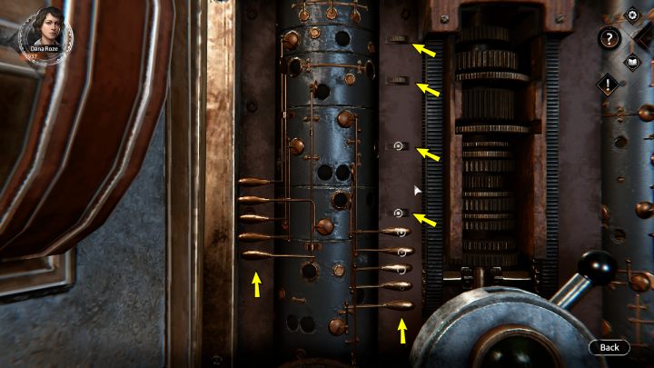 As Dana, check the correct position of the mechanism on the left - Syberia The World Before: Vaghen - Musician district, autumn 2005 - walkthrough - Walkthrough - Syberia The World Before Guide
