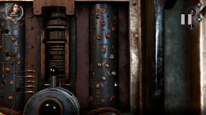 Examine the mechanism on the right and arrange it according to the diagram, setting the gold pieces in the right places - Syberia The World Before: Vaghen - Musician district, autumn 2005 - walkthrough - Walkthrough - Syberia The World Before Guide