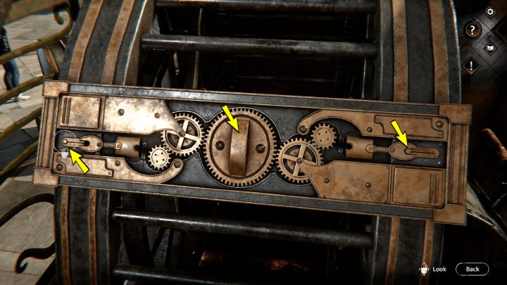 While holding down the left mouse button, turn the handle of the middle gear 45 degrees to the right - Syberia The World Before: Vaghen - Musician district, autumn 2005 - walkthrough - Walkthrough - Syberia The World Before Guide