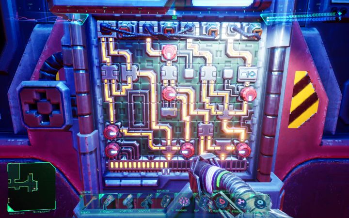 An example of the correct solution to the wire panel is shown in the picture - you need to match the plugs, ports, knobs and switches correctly to get the right voltage - System Shock Remake: Puzzles - Junction Box - Basics - System Shock Remake Guide