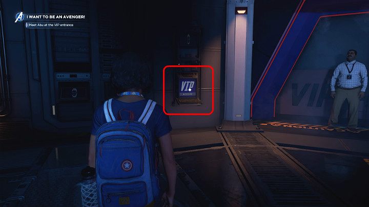 On the right, youll notice Abu waiting for you, and on the left, the console where you have to scan Kamalas phone to open the elevator door - Marvels Avengers: I want to be an Avenger! walkthrough - Gold Coast - Marvels Avengers Guide