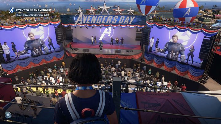 After a short while, youll reach the VIP balcony from where youll be able to watch the main part of the Avengers Day show - Marvels Avengers: I want to be an Avenger! walkthrough - Gold Coast - Marvels Avengers Guide