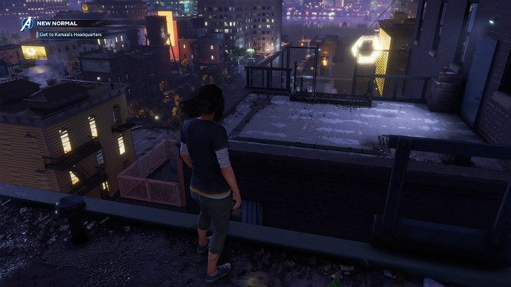After you leave the room, jump onto the roof of the building on the right, then use the rope to move down - Marvels Avengers: New normal, walkthrough - Eastern seaboard - Marvels Avengers Guide