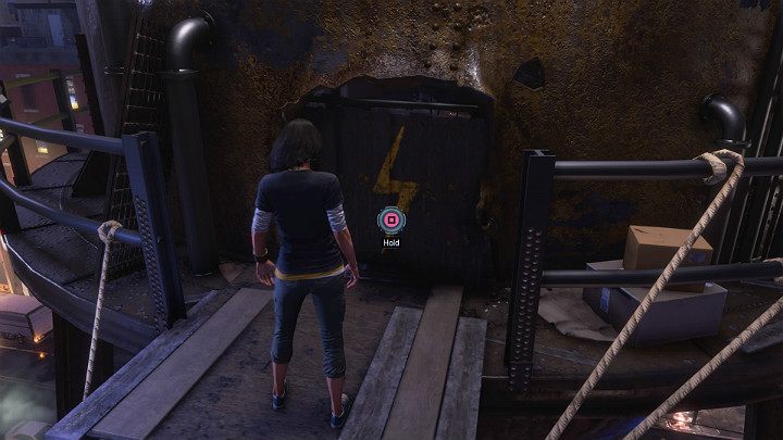 Jump to the platform of the silo from the roof of the last building and move away the primitive door to enter Kamalis base - Marvels Avengers: New normal, walkthrough - Eastern seaboard - Marvels Avengers Guide