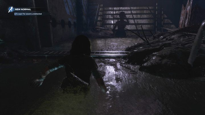 While standing among piles of litter and all sorts of rubbish, start walking straight ahead through the sewers and watch out for the reconnaissance drones that will appear behind your back - Marvels Avengers: New normal, walkthrough - Eastern seaboard - Marvels Avengers Guide