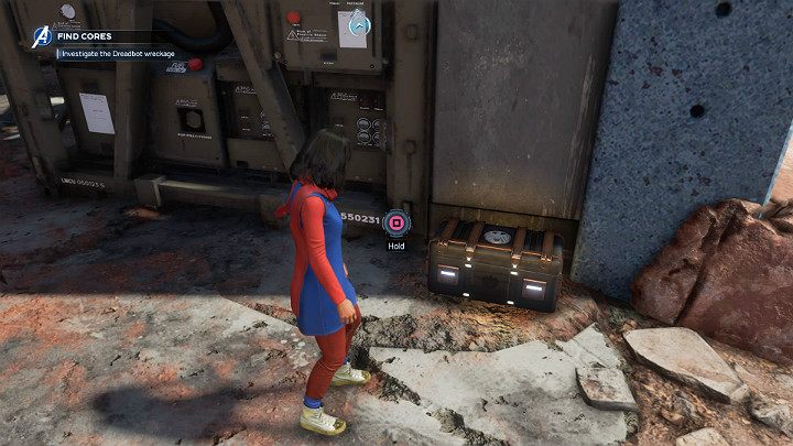 You will find a chest near the robots remains located just next to the chasm - it can be easily overlooked due to the color of the wall in the background - Marvels Avengers: The Dogs of War, walkthrough - Utah Badlands - Marvels Avengers Guide