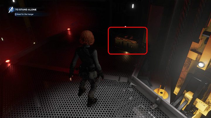 When you land on a small metal platform, make sure youve collected the chest, which can be found in a dark spot on the left - Marvels Avengers: To stand alone, walkthrough - Utah Badlands - Marvels Avengers Guide
