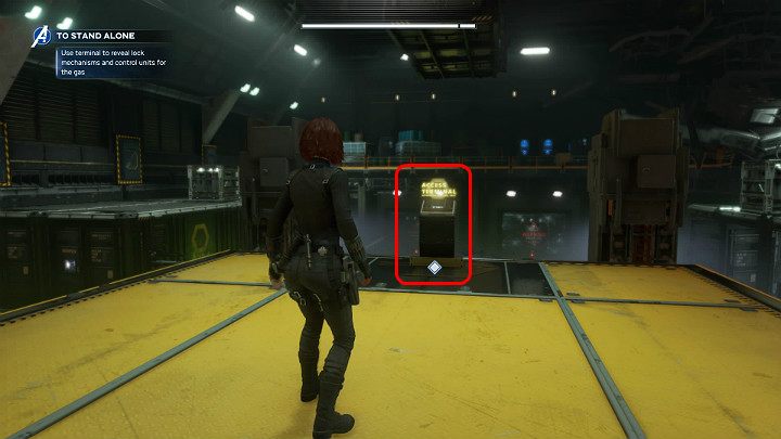 After the battle is over, use the Widows Line in order to jump to the upper level of the hangar - Marvels Avengers: To stand alone, walkthrough - Utah Badlands - Marvels Avengers Guide