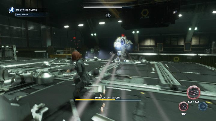 When the mech stands still and begins to charge the cannon it has in the right hand, it is a sign that after a while Monica will make use of the long-range weapon - Marvels Avengers: To stand alone, walkthrough - Utah Badlands - Marvels Avengers Guide