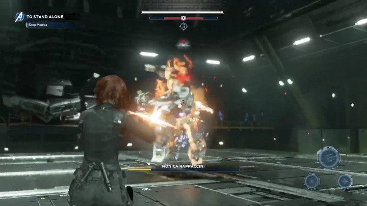 When the mech covers its chest with its arm and a red marker appears above its head, Monica will perform a charge - Marvels Avengers: To stand alone, walkthrough - Utah Badlands - Marvels Avengers Guide