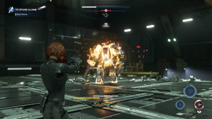 Monica will try to inflict damage with slow but extremely powerful melee attacks, so try to keep her at distance and attack her with ranged attacks until you finally kill her - Marvels Avengers: To stand alone, walkthrough - Utah Badlands - Marvels Avengers Guide