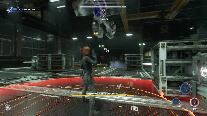 When the opponent begins to crouch its a sign that shes about to make a jump - Marvels Avengers: Monica Rappaccini boss - how to beat? Walkthrough - Bosses - Marvels Avengers Guide