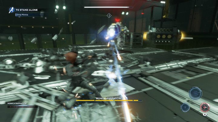 During combat, Monica will use long-range weapon, which was mounted on the right hand of the exoskeleton - Marvels Avengers: Monica Rappaccini boss - how to beat? Walkthrough - Bosses - Marvels Avengers Guide