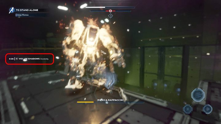If the Veil of Shadows ability becomes available, then you will be able to strike your enemy without any limits for a few seconds - Marvels Avengers: Monica Rappaccini boss - how to beat? Walkthrough - Bosses - Marvels Avengers Guide