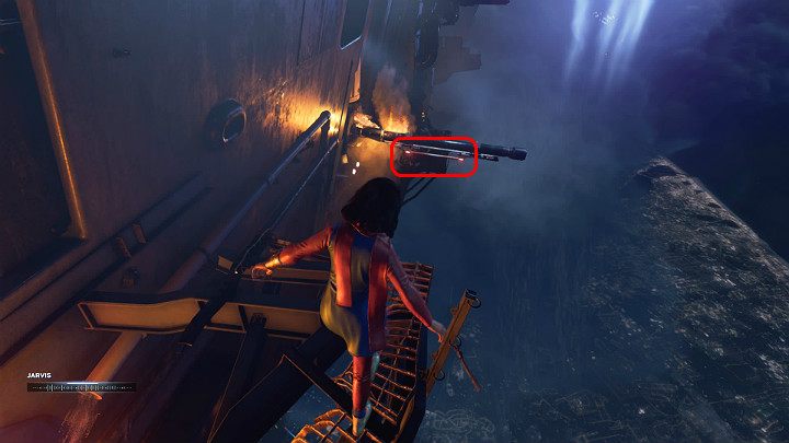 The further path goes along one of the Helicarriers walls - Marvels Avengers: Once an Avenger, walkthrough - Helicarrier - Marvels Avengers Guide