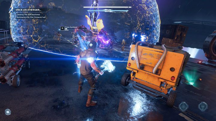 Dreadbots are surrounded by a barrier that protects them from receiving any damage from the outside - you have to get inside it - Marvels Avengers: Once an Avenger, walkthrough - Helicarrier - Marvels Avengers Guide