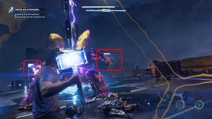 Deal with the enemies defending the Dreadbot, then move on to destroying the machine - Marvels Avengers: Once an Avenger, walkthrough - Helicarrier - Marvels Avengers Guide