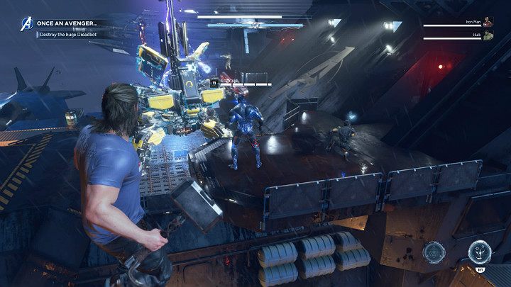 First, focus on eliminating the defenses - Adaptoids standing on both sides of the robot - Marvels Avengers: Once an Avenger, walkthrough - Helicarrier - Marvels Avengers Guide