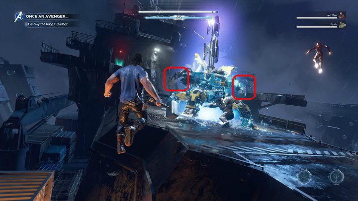 Megadreadbot has a Nanite shield and a large health bar - Marvels Avengers: Once an Avenger, walkthrough - Helicarrier - Marvels Avengers Guide