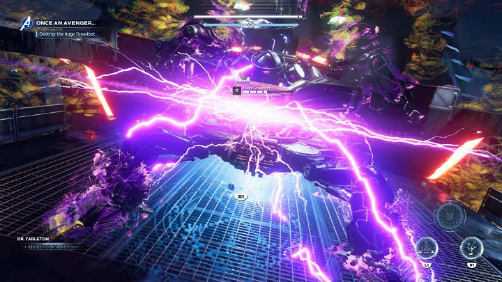 When the Megadreadbots health level drops to about 50%, Tarleton will cover his machine with a special shield - Marvels Avengers: Once an Avenger, walkthrough - Helicarrier - Marvels Avengers Guide