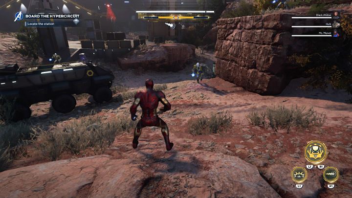 Black Widow has a clever plan and wants to get to the Meridian facility by boarding one of their hypercircuit trains - Marvels Avengers: Agony and the Ant Hill, walkthrough - Utah Badlands - Marvels Avengers Guide